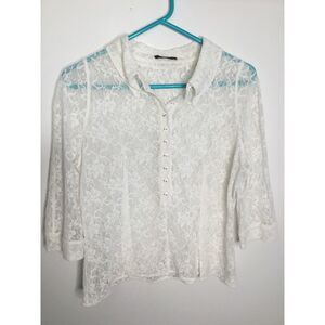 Nina Ricci Medium White Off Lace Crop 2/3 Button Front‎ Sheer Blouse